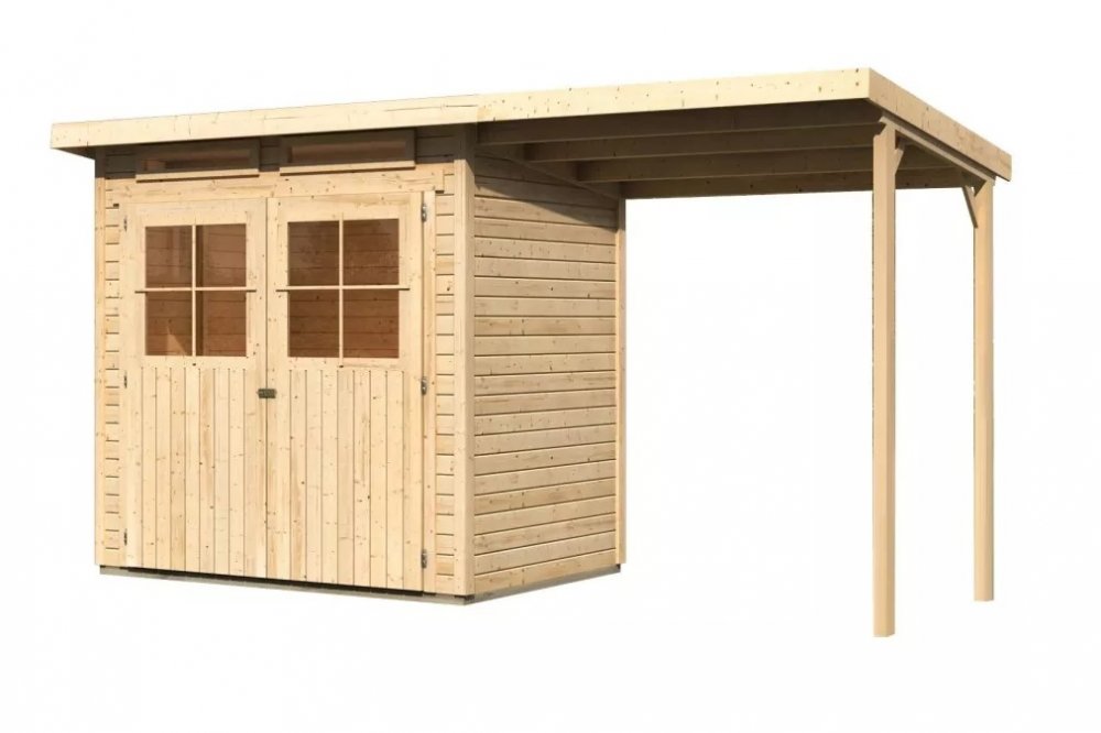 Drevený záhradný domček GLUCKSBURG 2 s prístreškom 190 Lanitplast Prírodné drevo
