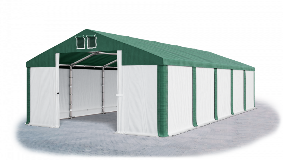 Skladový stan 5x10x2,5m střecha PVC 560g/m2 boky PVC 500g/m2 konstrukce ZIMA PLUS Bílá Zelená Zelená