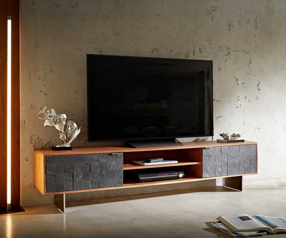 TV stolík Teele 200 cm prírodná agátová bridlica 2 dvierka podstavec