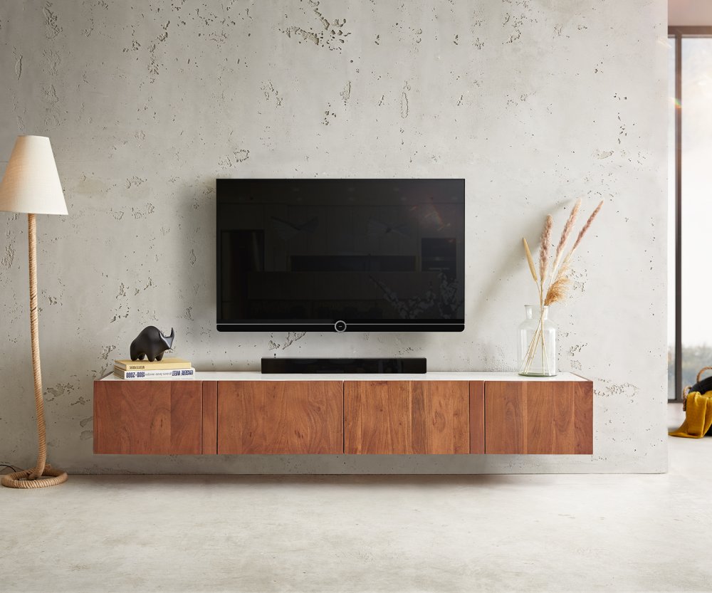 TV stolík Secara 200 cm akáciová hnedá 4 dvierka mramorový záves