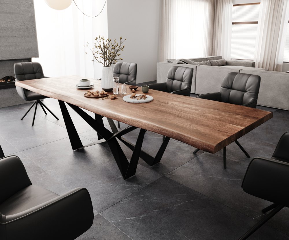Jedálenský stôl Edge 300x100 XL akáciová hnedá plochá oceľ čierna