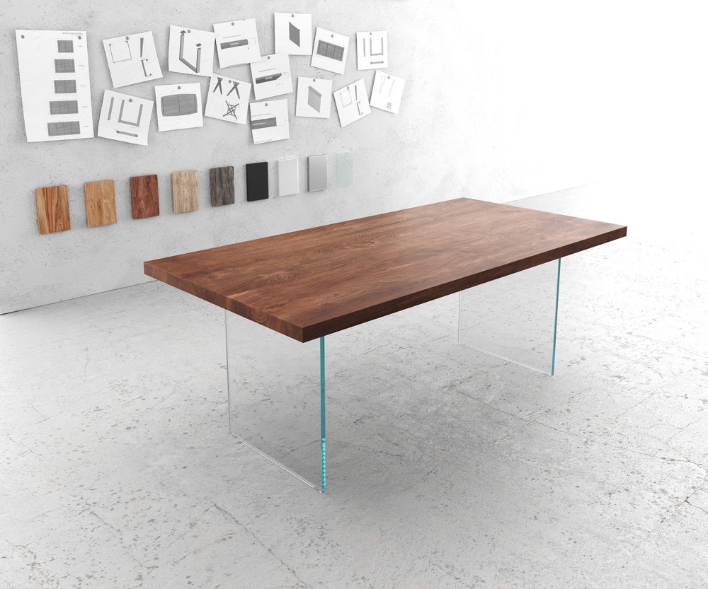 Jedálenský stôl Edge 200x100 cm XL podstavec z akáciového hnedého skla