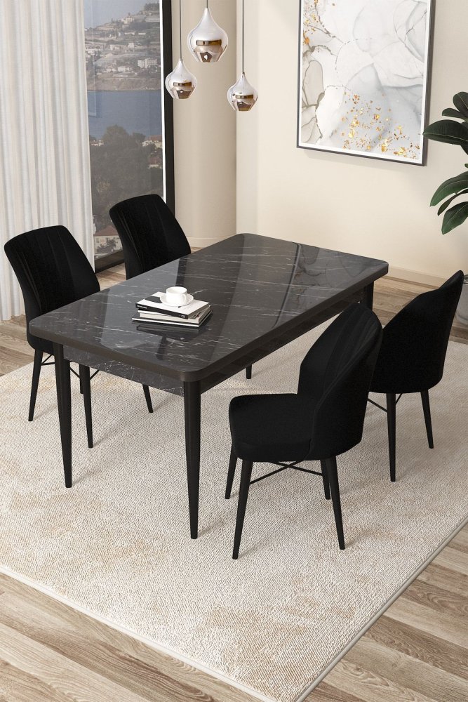 Dining Table & Chairs Set (5 Pieces) Arp - Black Marble, Black