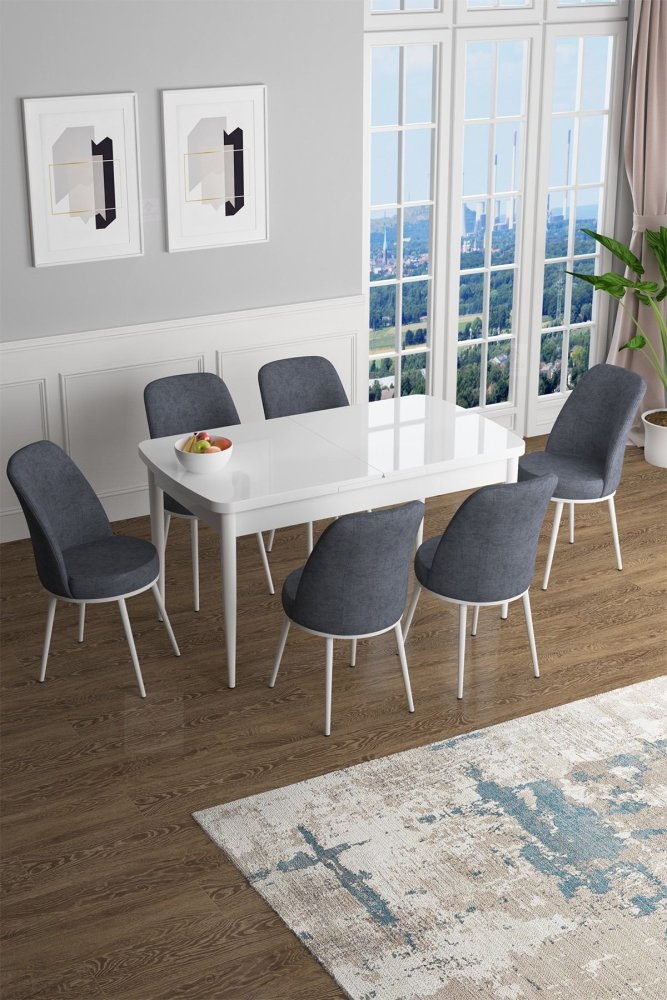 Extendable Dining Table & Chairs Set (7 Pieces) Han - White, Fume