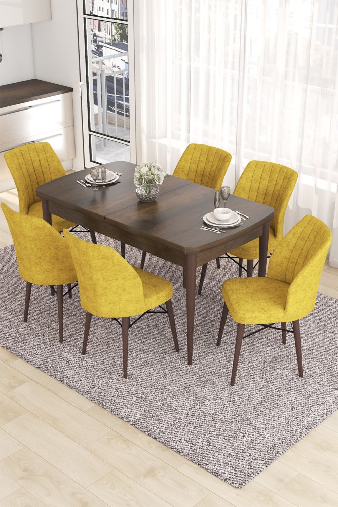 Extendable Dining Table & Chairs Set (7 Pieces) Eva - Baroque, Mustard