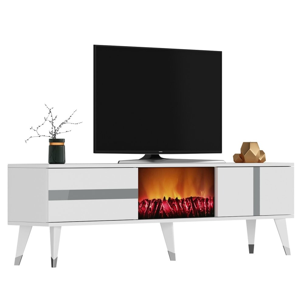 TV stolík Vania Fireplace - White, Silver