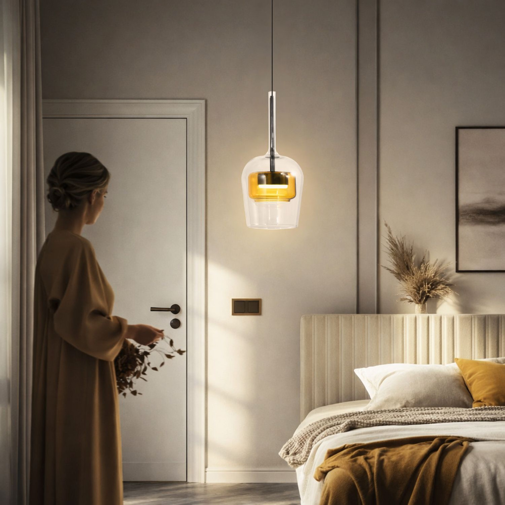 Lampa wisząca Glaxi szklana podwójny klosz transparentny i żółty GX53