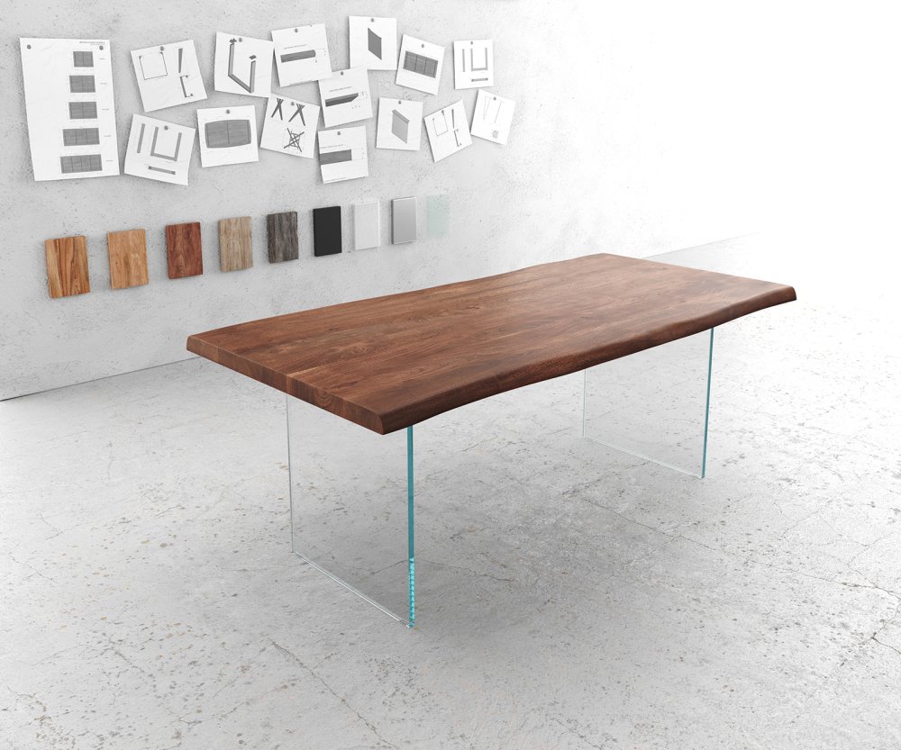 Jedálenský stôl Edge 200x100 cm XL podstavec z akáciového hnedého skla