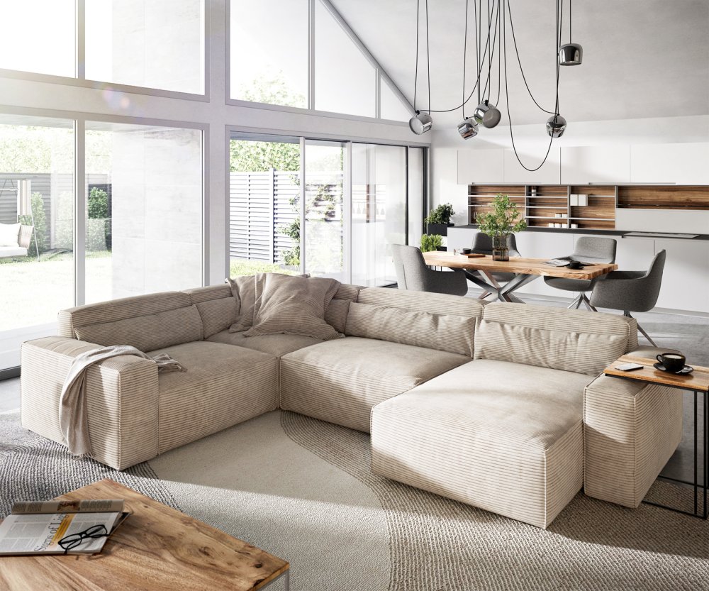 Pohovka v tvare U Sirpio D 330x240 cm manšestrová béžová variabilné