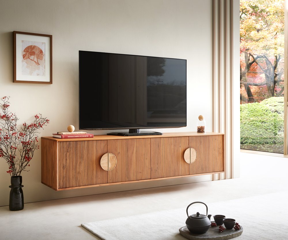 TV stolík Surimu 175x40x40 cm akácia svetlohnedá 4 dvierka korkové