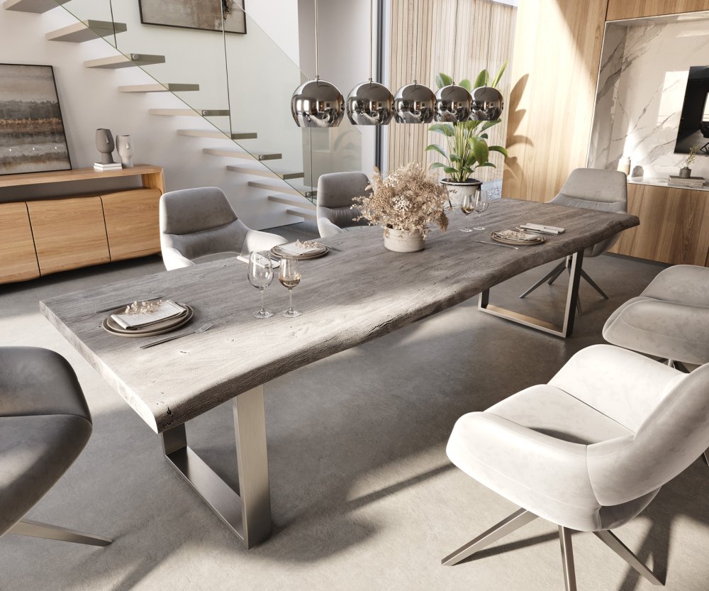 Jídelní stůl Edge 300x100 XL akácie platina nerezová ocel úzká