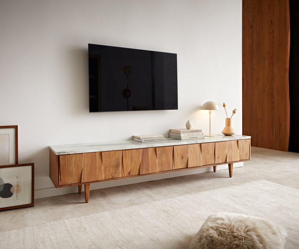 Nízká deska Shia 200cm akát přírodní mramor šedobílá 4 dvířka