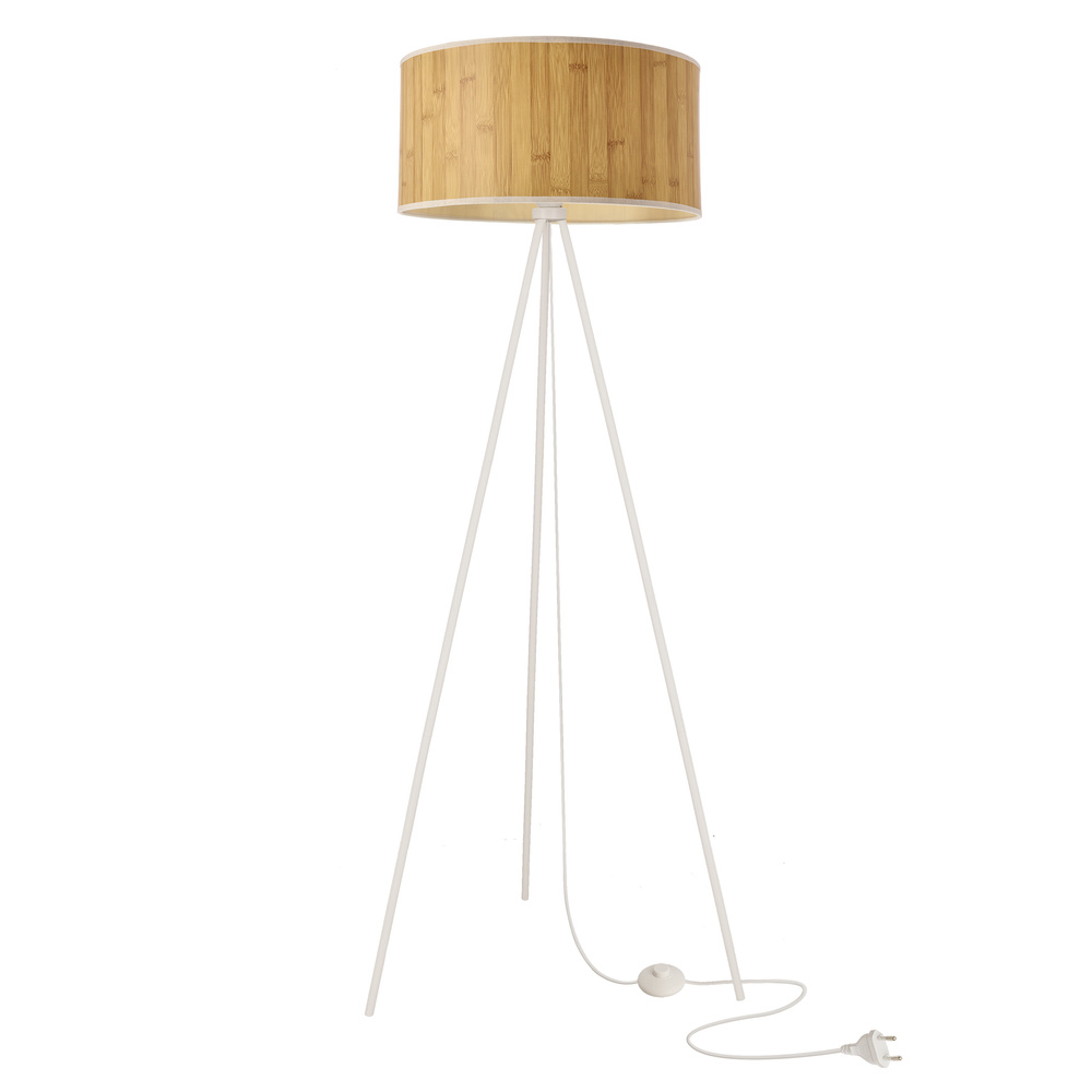Stojaca lampa RAFFI biela E27 1x40W s borovicovým tienidlom, škandinávsky štýl, ekologická prírodná, do obývačky, spálne, pracovne, stojace osvetlenie