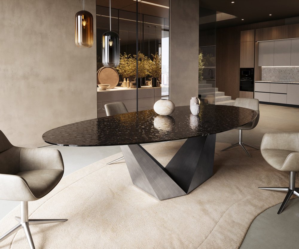 Jedálenský stôl Edge oválny 280x130 reliéfne sklo dymovo čierna 3D