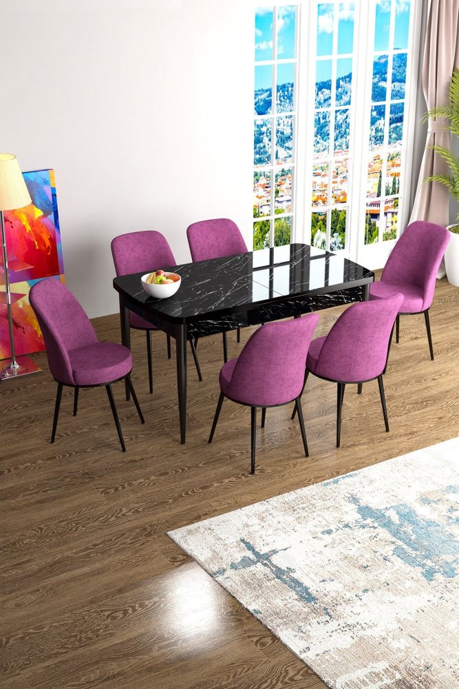 Extendable Dining Table & Chairs Set (7 Pieces) Han - Black Marble, Purple