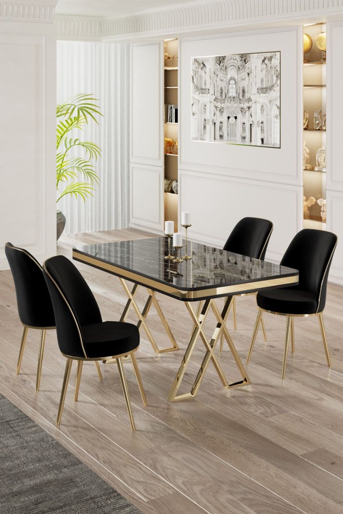 Dining Table & Chairs Set (5 Pieces) Vals - Black Marble, Gold, Black