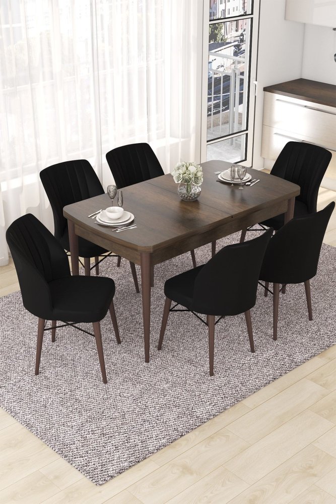 Extendable Dining Table & Chairs Set (7 Pieces) Nef - Baroque, Black