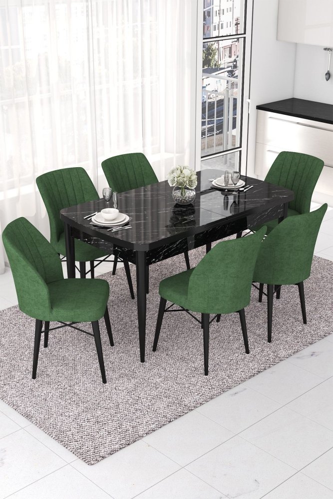 Extendable Dining Table & Chairs Set (7 Pieces) Nef - Black Marble, Khaki