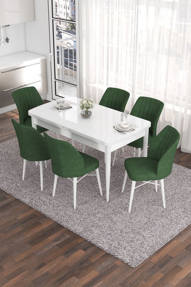 Extendable Dining Table & Chairs Set (7 Pieces) Eva - White, Khaki