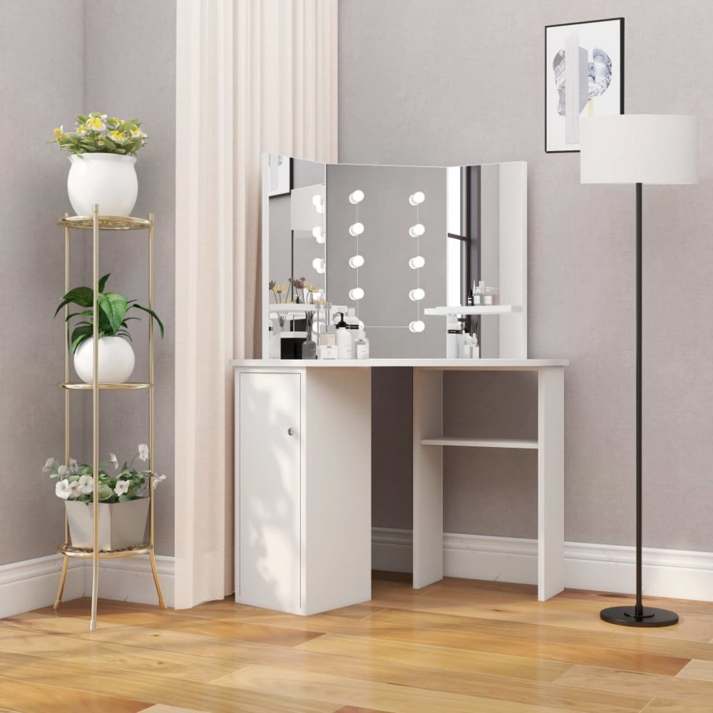 E-shop Rohový toaletný stolík s LED Dekorhome Biela