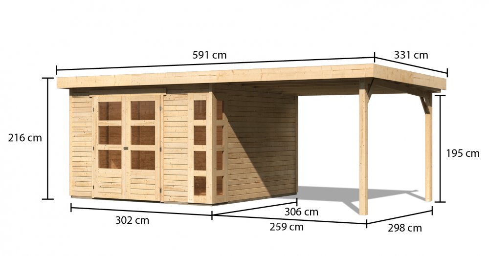 Drevený záhradný domček KERKO 6 s prístavkom 280 Lanitplast Prírodné drevo