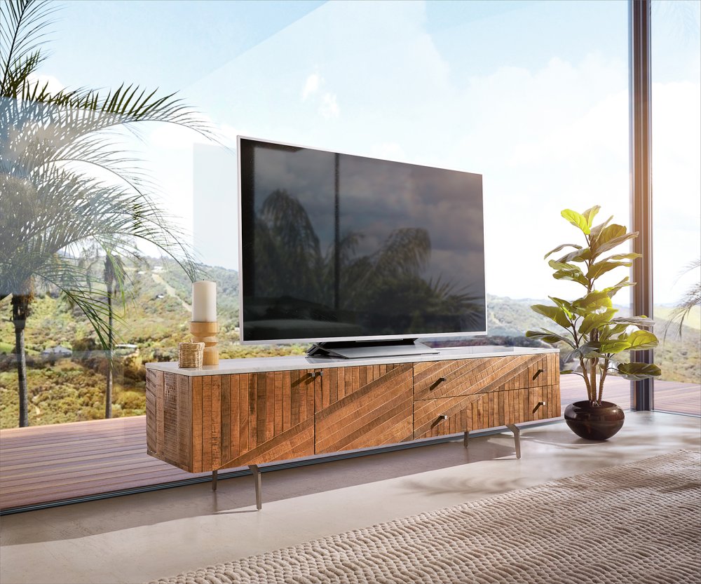 TV stolek Bahan 175 cm mango teak 2 dvířka 2 zásuvky mramor bílá