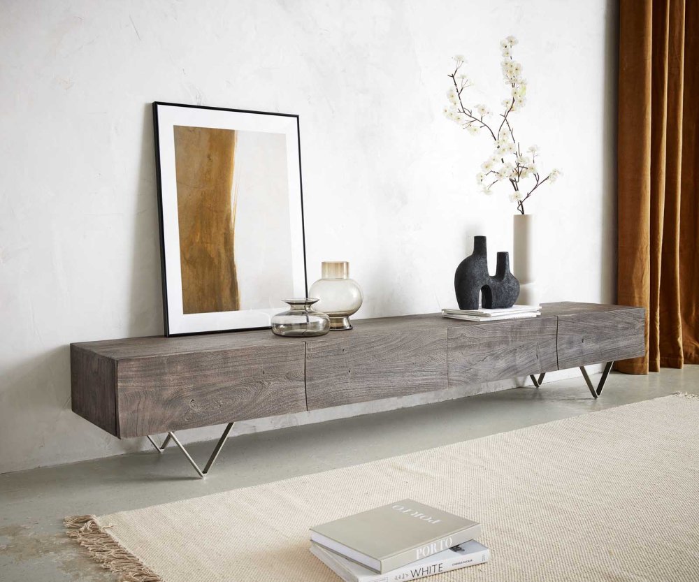 TV stolík Wyatt 220 cm Akácia platina 4 zásuvky Podstavec v tvare