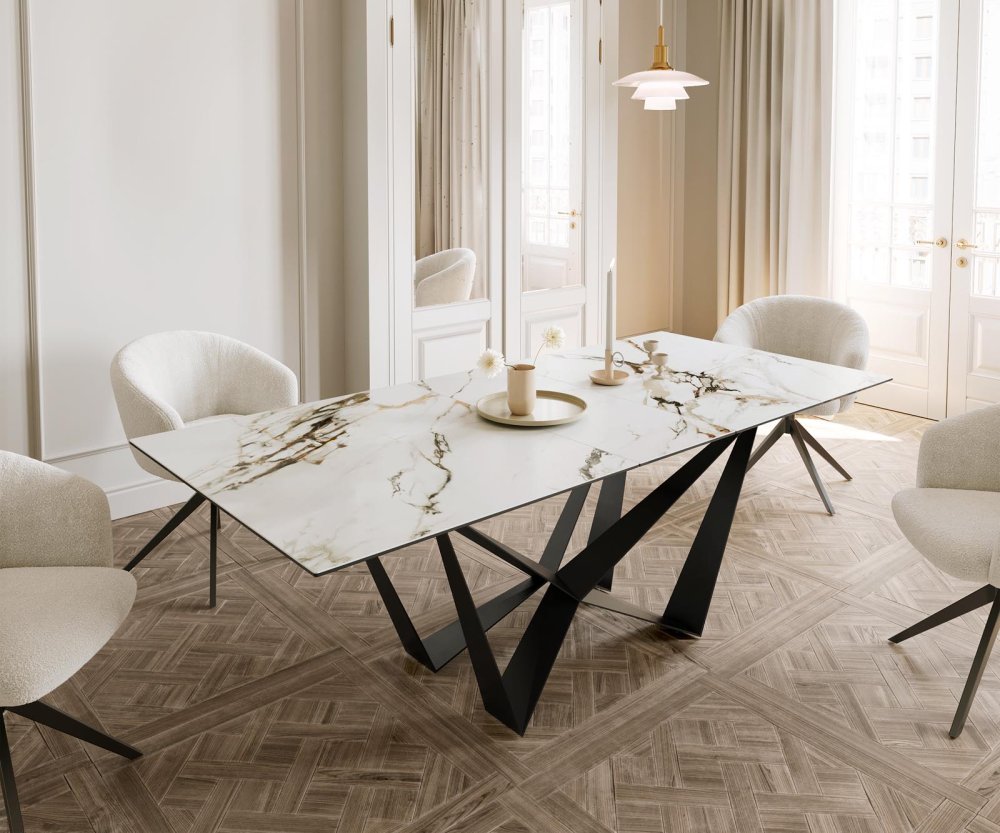 Jedálenský stôl Edge 180-220x100 keramický Calacatta Luxe bielo-zlatý