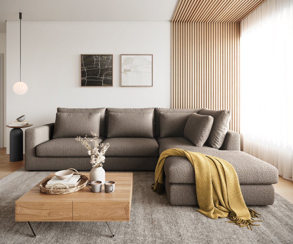 Rohová pohovka Isla 330x225 cm bouclé taupe pravá