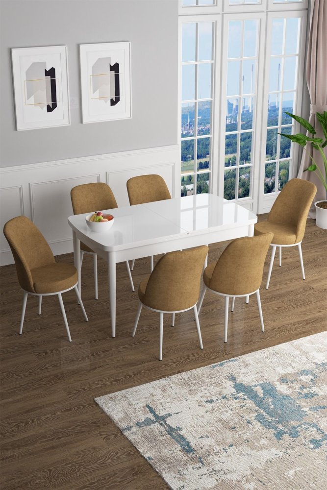 Extendable Dining Table & Chairs Set (7 Pieces) Han - White, Cappuccino
