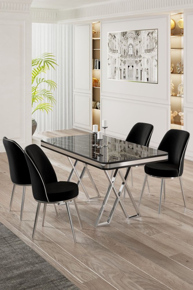 Dining Table & Chairs Set (5 Pieces) Vals - Black Marble, Chrome, Black