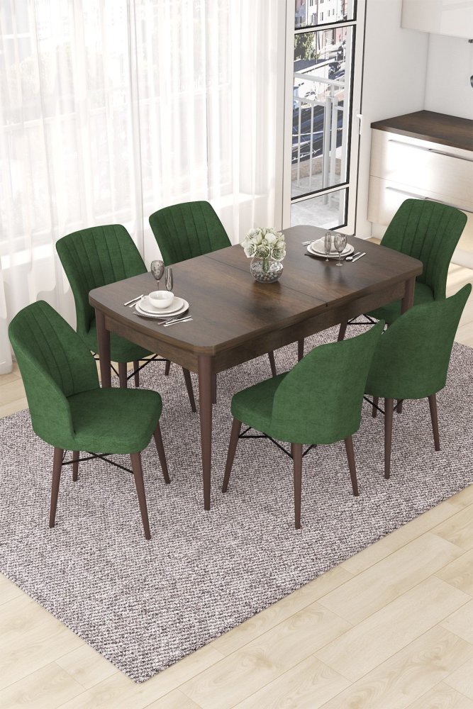 Extendable Dining Table & Chairs Set (7 Pieces) Nef - Baroque, Khaki