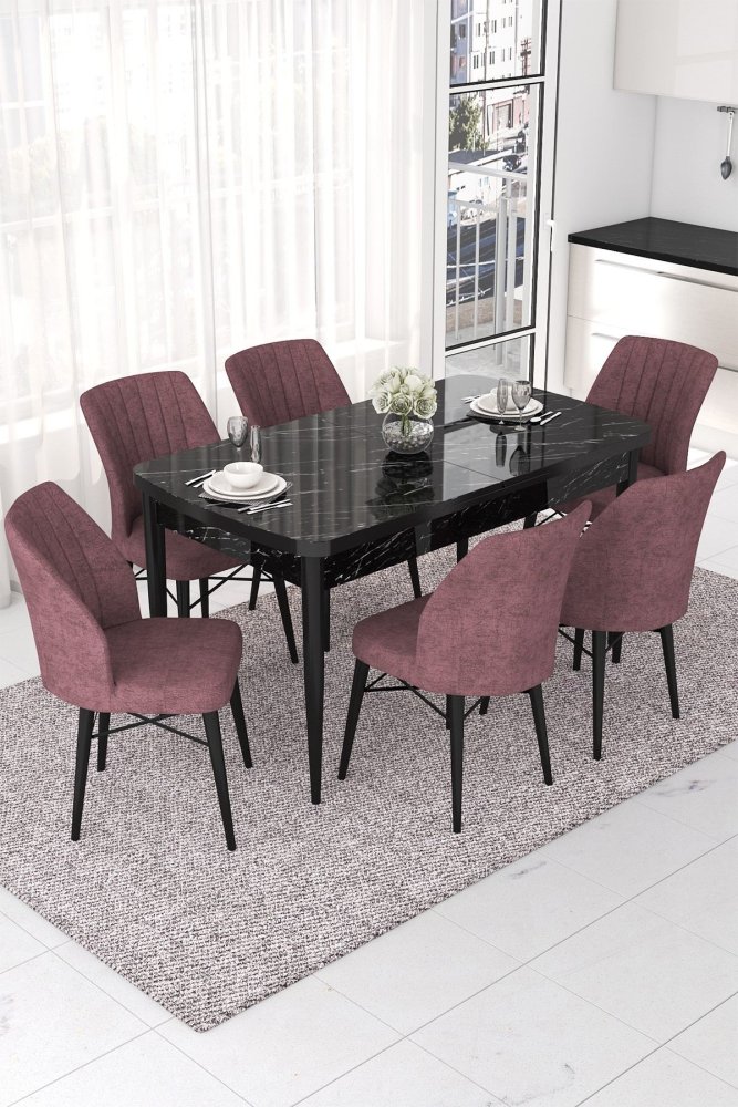 Extendable Dining Table & Chairs Set (7 Pieces) Nef - Black Marble, Dusty Rose