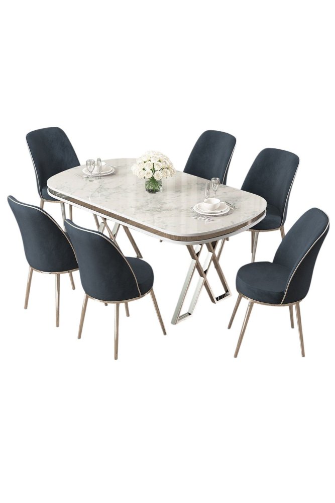 Dining Table & Chairs Set (7 Pieces) Lai - White, Chrome, Anthracite (obrázek 2)