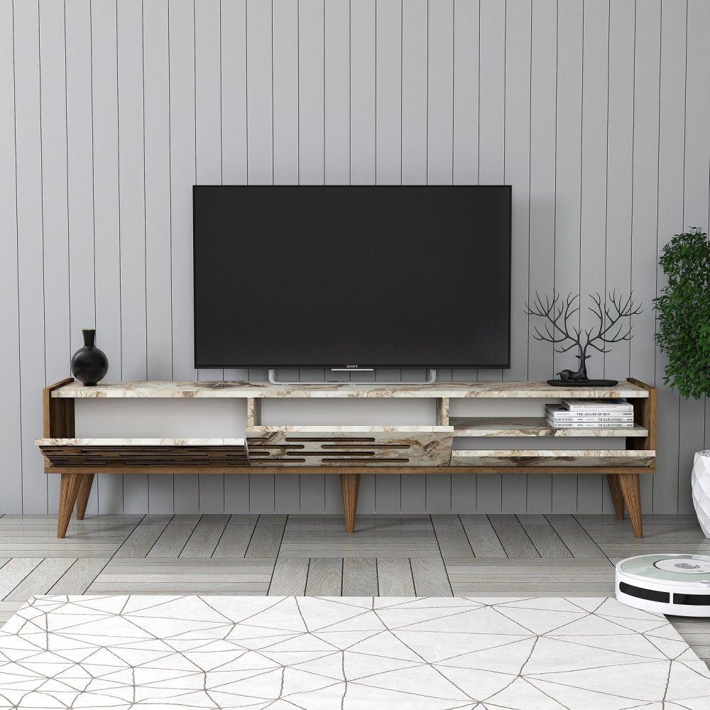 TV stolík Valensiya - Walnut, White, Marble