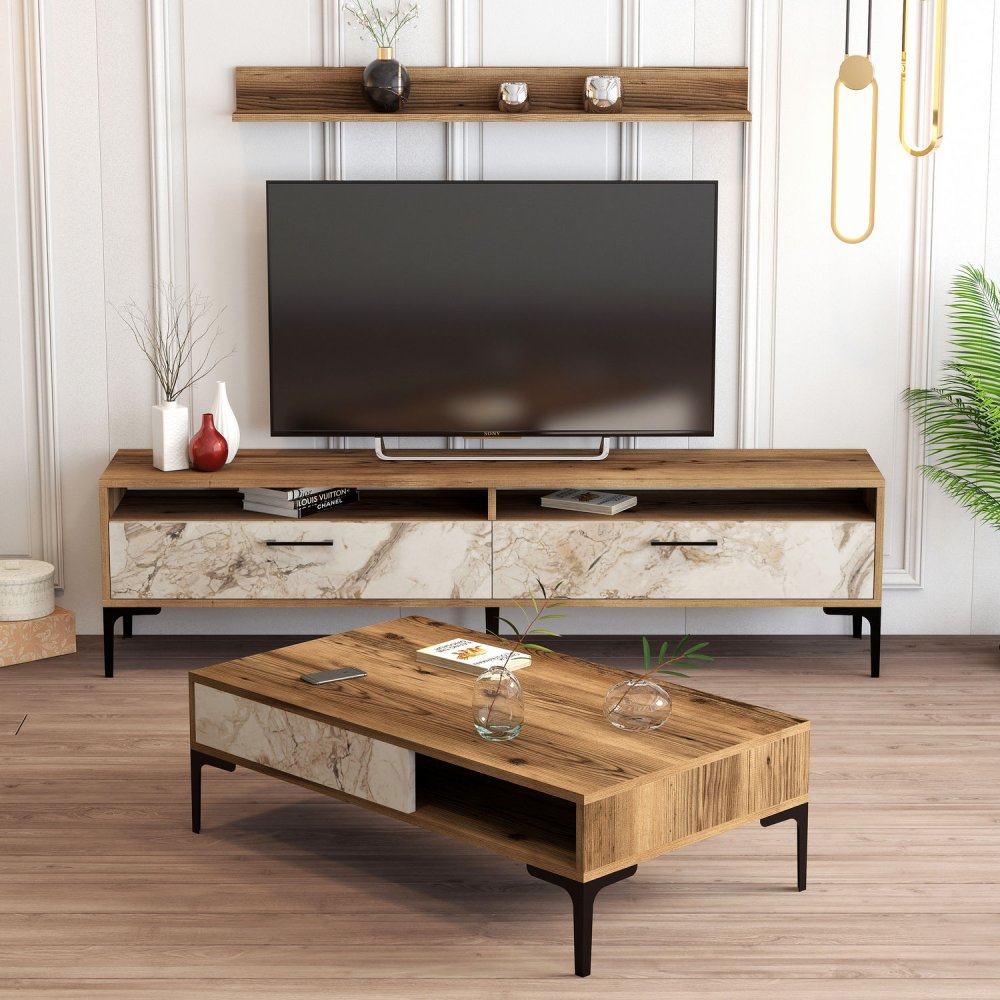 Living Room Furniture Set Istanbul - Walnut, White Marble