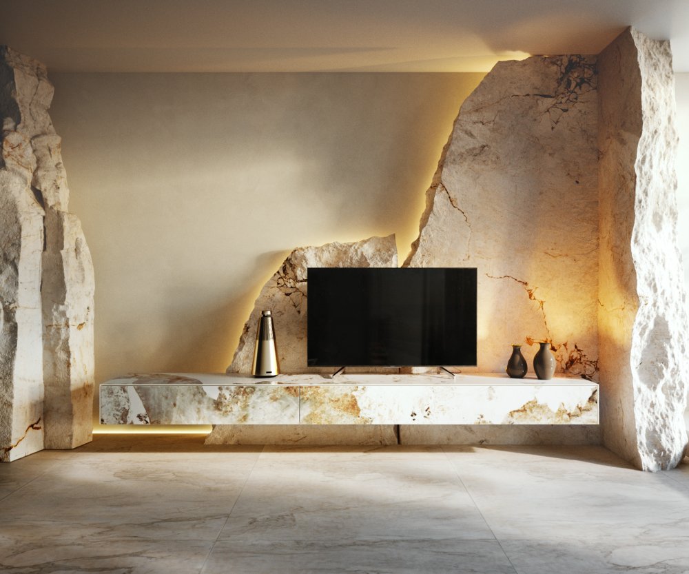 TV stolík Cuor 250 cm keramika Minas Melange bielo-béžová 1 výklopné