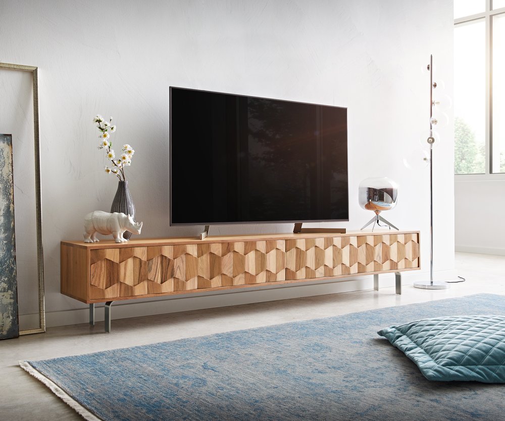 TV stolík Fevo 220 cm akácia prírodná 4 dvierka Podstavec v tvare L