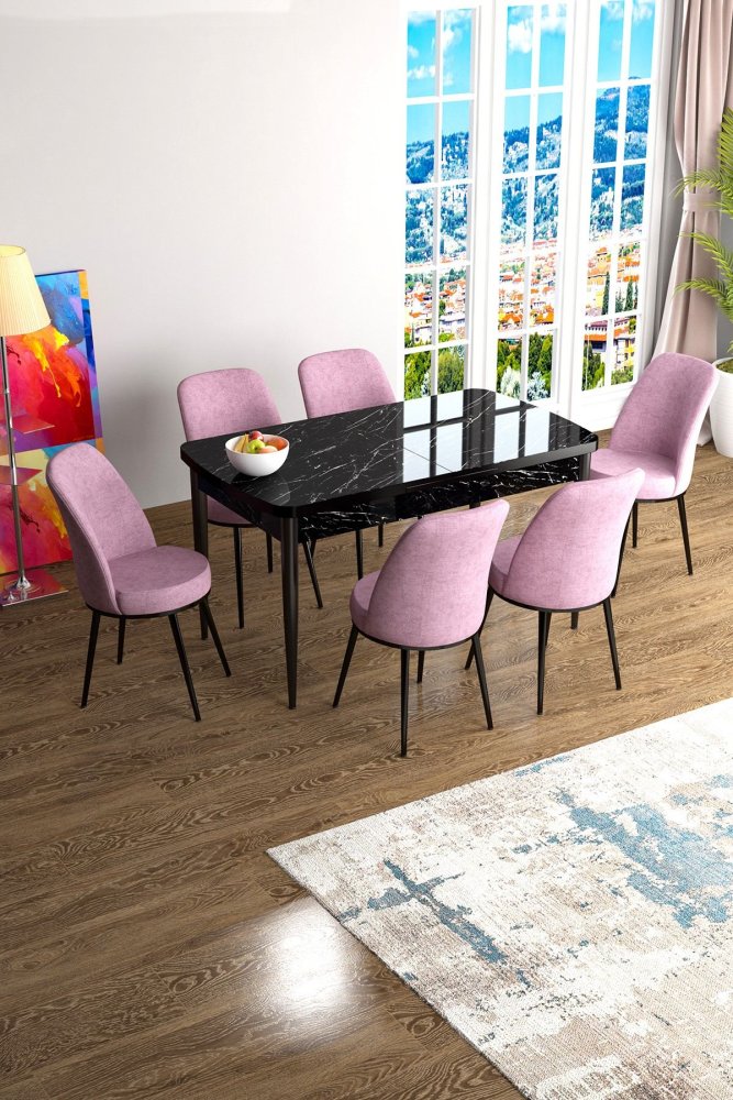Extendable Dining Table & Chairs Set (7 Pieces) Han - Black Marble, Pink