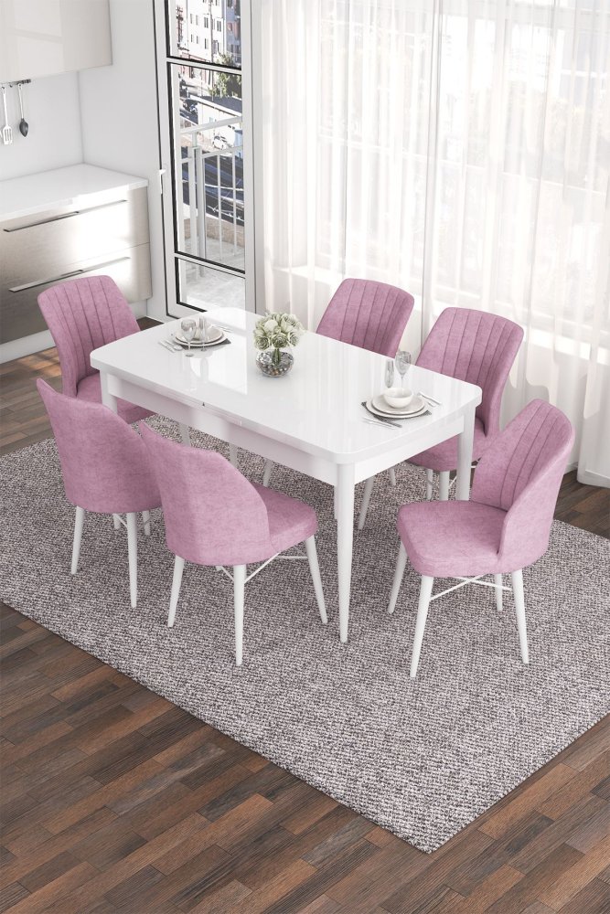Extendable Dining Table & Chairs Set (7 Pieces) Eva - White, Pink