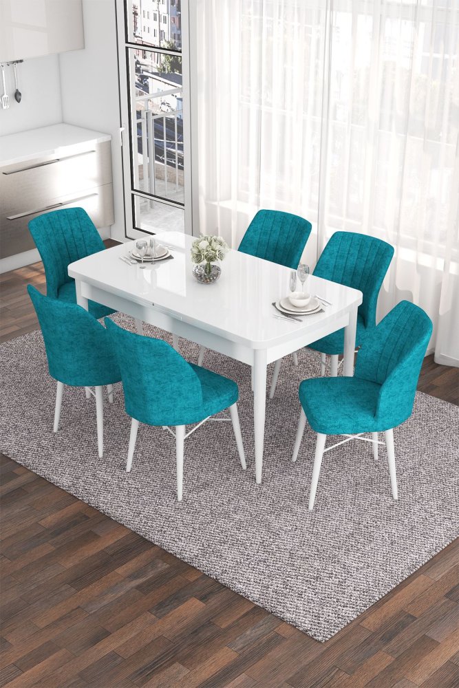 Extendable Dining Table & Chairs Set (7 Pieces) Eva - White, Turquoise