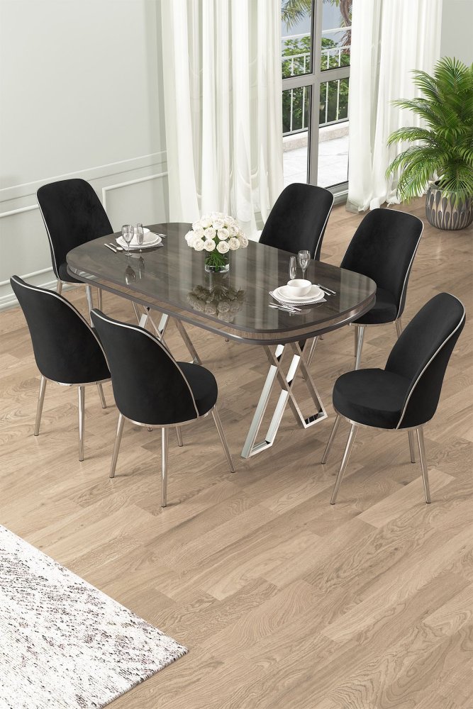 Dining Table & Chairs Set (7 Pieces) Lai - Anthracite, Chrome, Black
