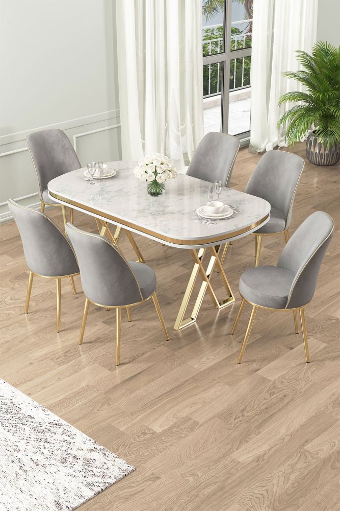 Dining Table & Chairs Set (7 Pieces) Lai - White, Gold, Grey