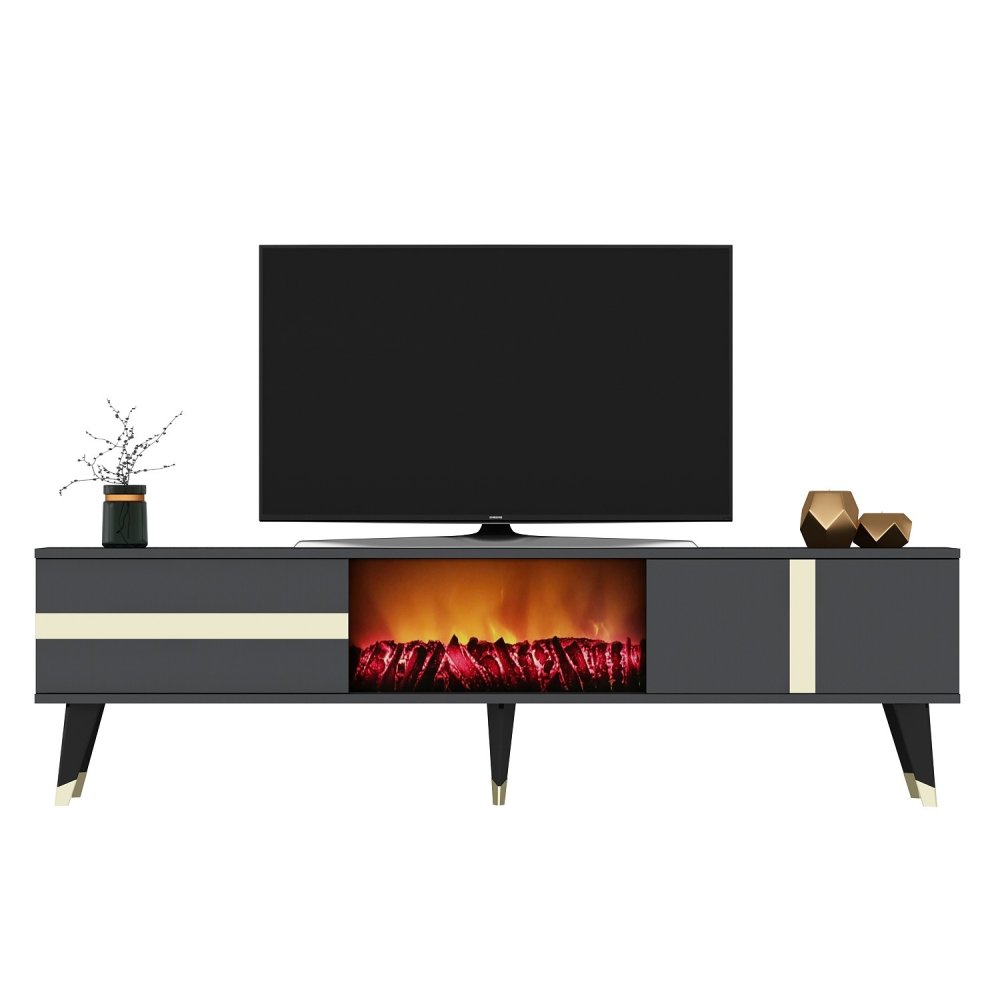 TV stolík Vania Fireplace - Anthracite, Gold