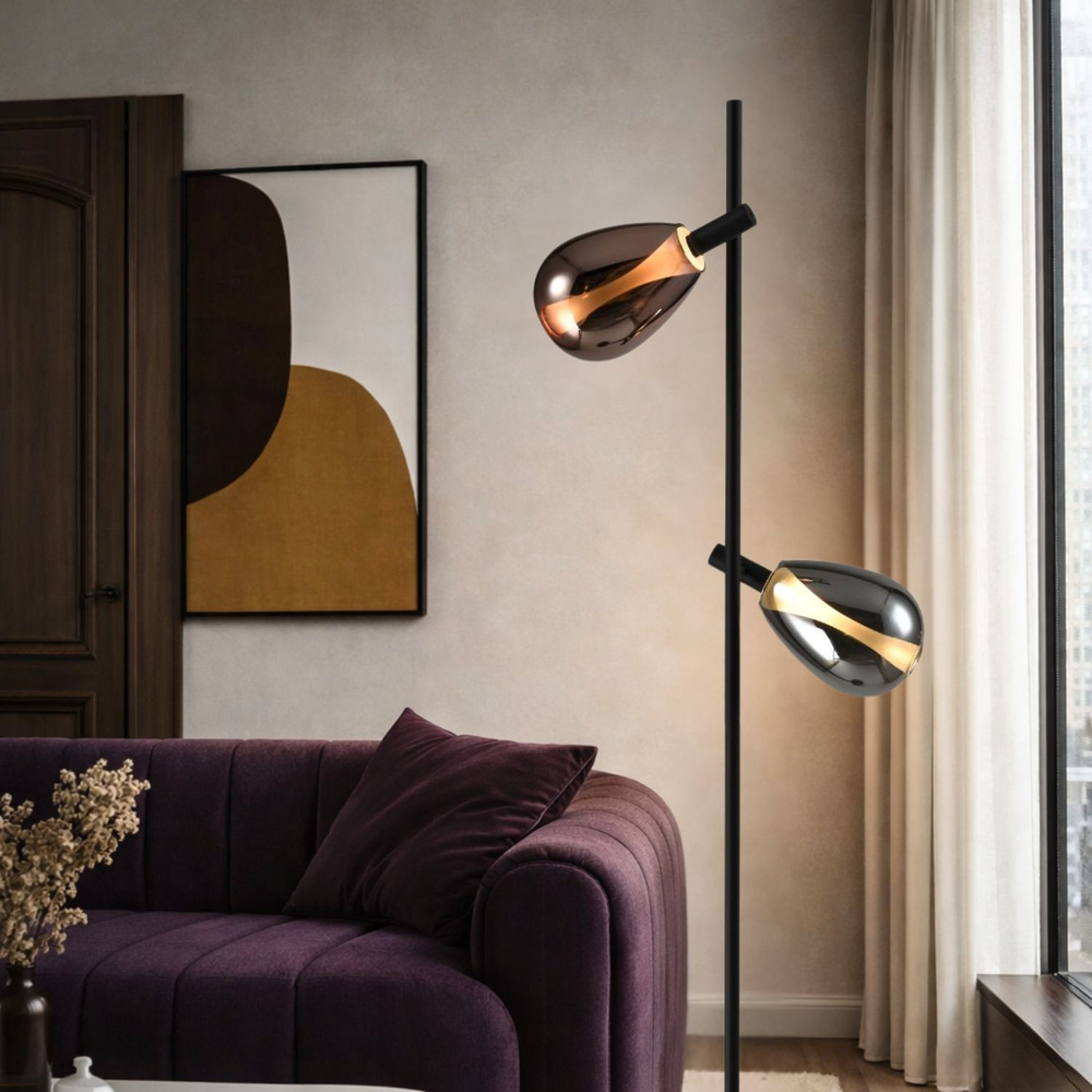 Lampa podłogowa Denso czarna dwupunktowa szklane klosze dymion...