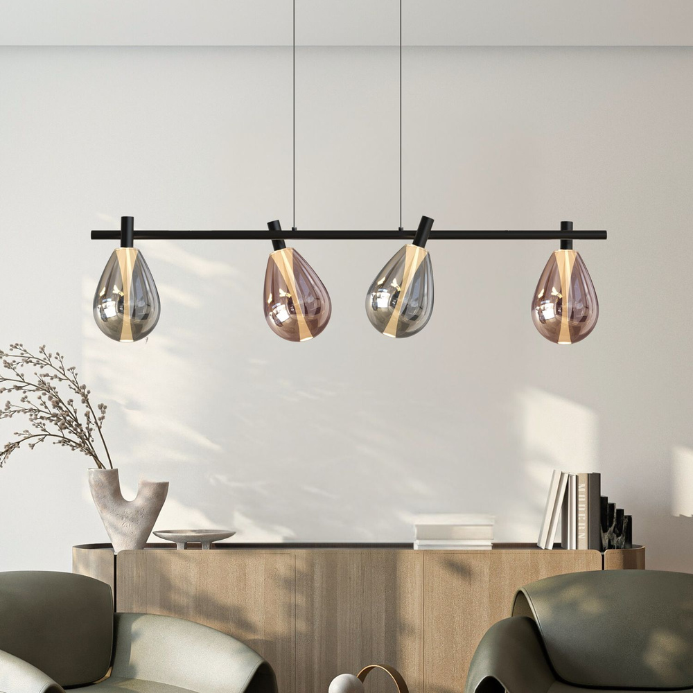 Levně Lampa wisząca Denso szklana czarna nad stół potrójna z kloszami dymionymi i miedzianymi