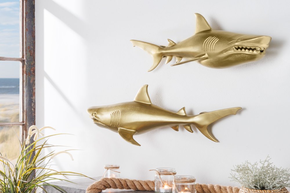E-shop Nástěnná dekorace žralok DAKENTA 2 ks  Zlatá,Nástěnná dekorace žralok DAKENTA 2 ks  Zlatá