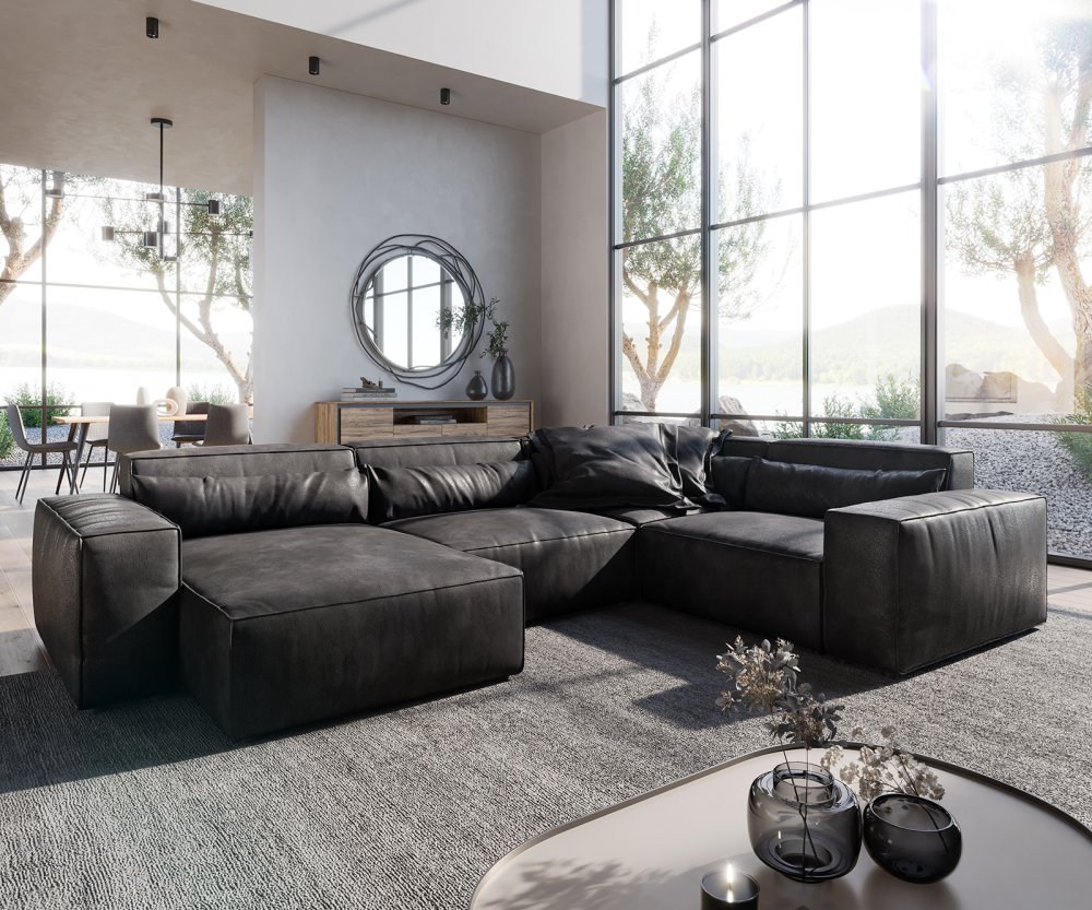 Pohovka v tvare U Sirpio D 330x240 cm imitácia kože antracit vintage