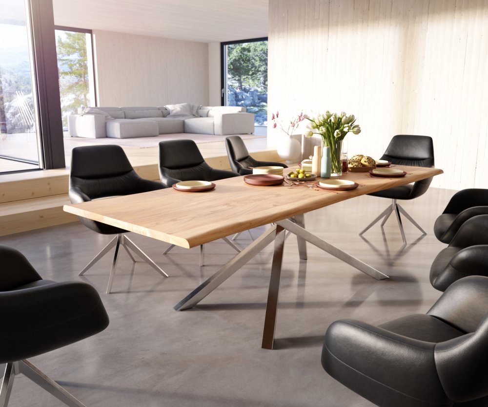 Jedálenský stôl Edge 260x100 akácia prírodná krížová podstava nerezová