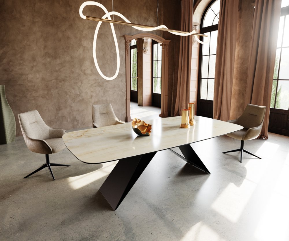 Jedálenský stôl Edge oválny 240x120 keramický Onice Oro podnož v tvare